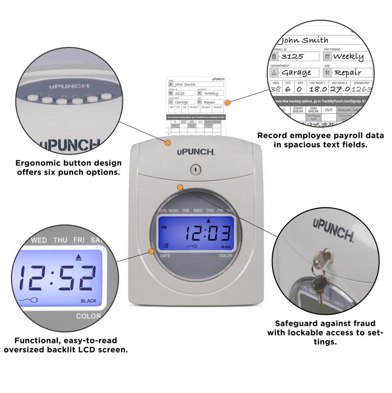 uPunch HN2500 Calculating Time Clock Bundle for Small Business: Auto Align Employee Time Tracking System with 100 Time Cards, Ribbon, and Keys - Image 3